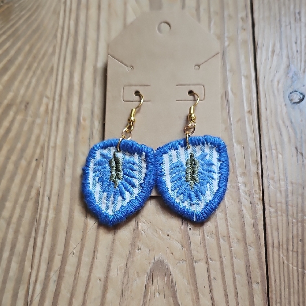 Blue and Gold Embroidered Leaf Earrings